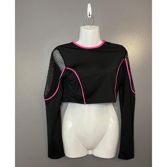 LOVE LOVE LOVE Shirt Womens Medium Black Pink Crop Top Mesh Fishnet Long Sleeve - Picture 1 of 7